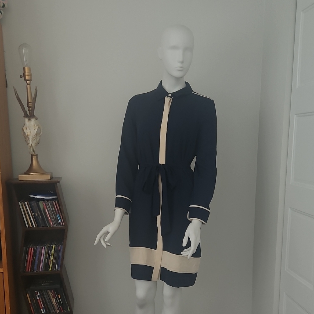 Women's Navy and Cream Tie-Waist Shirt Dress Coat Silk